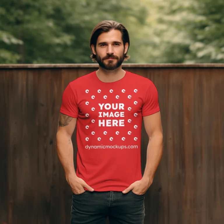 Man Wearing Red T-shirt Mockup Front View Template