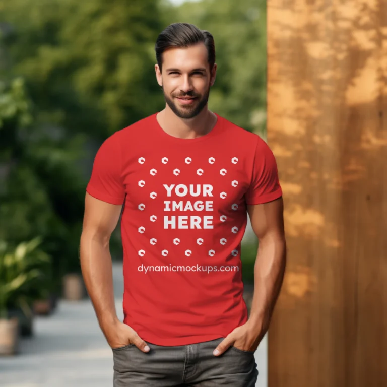 Man Wearing Red T-shirt Mockup Front View Template