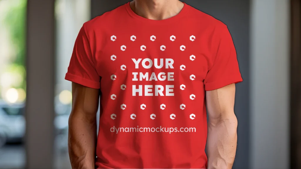 Man Wearing Red T-shirt Mockup Front View Template