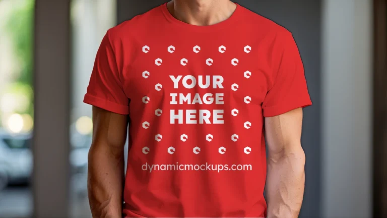 Man Wearing Red T-shirt Mockup Front View Template