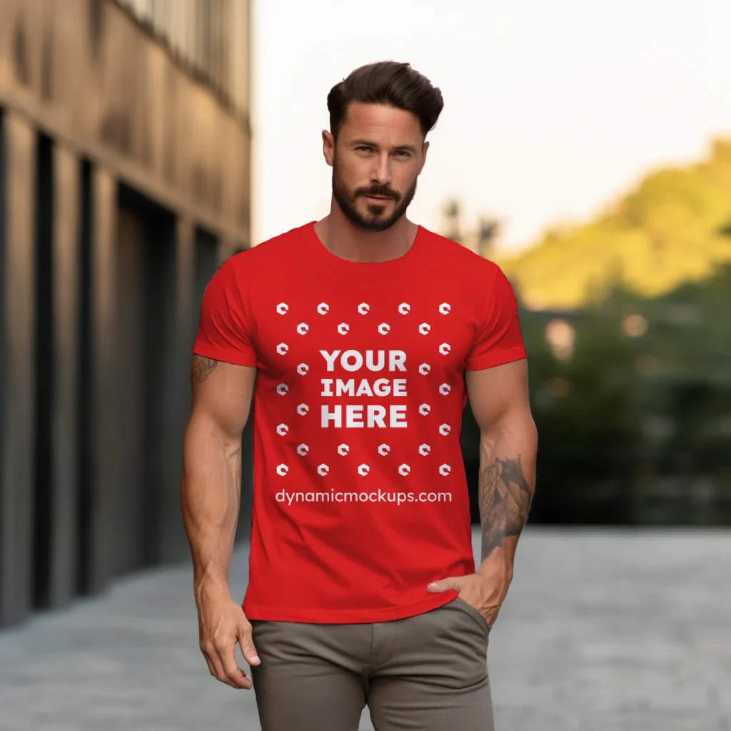 Man Wearing Red T-shirt Mockup Front View Template