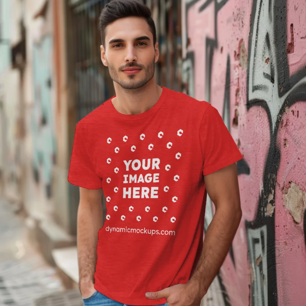 Man Wearing Red T-shirt Mockup Front View Template