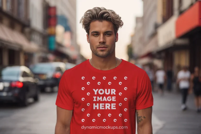 Man Wearing Red T-shirt Mockup Front View Template