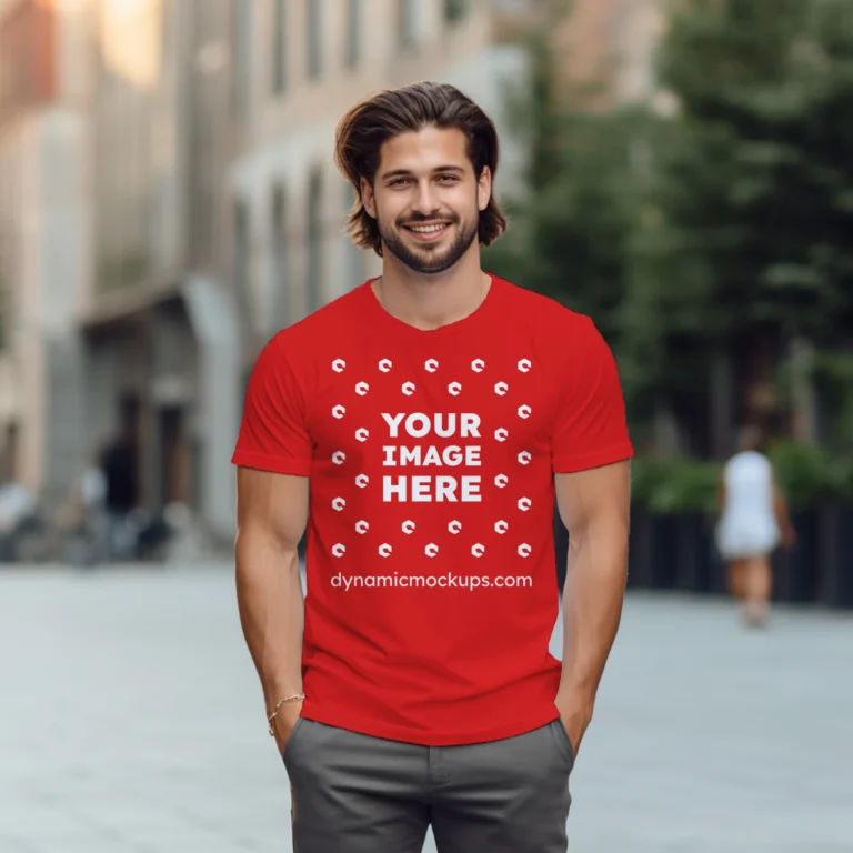 Man Wearing Red T-shirt Mockup Front View Template