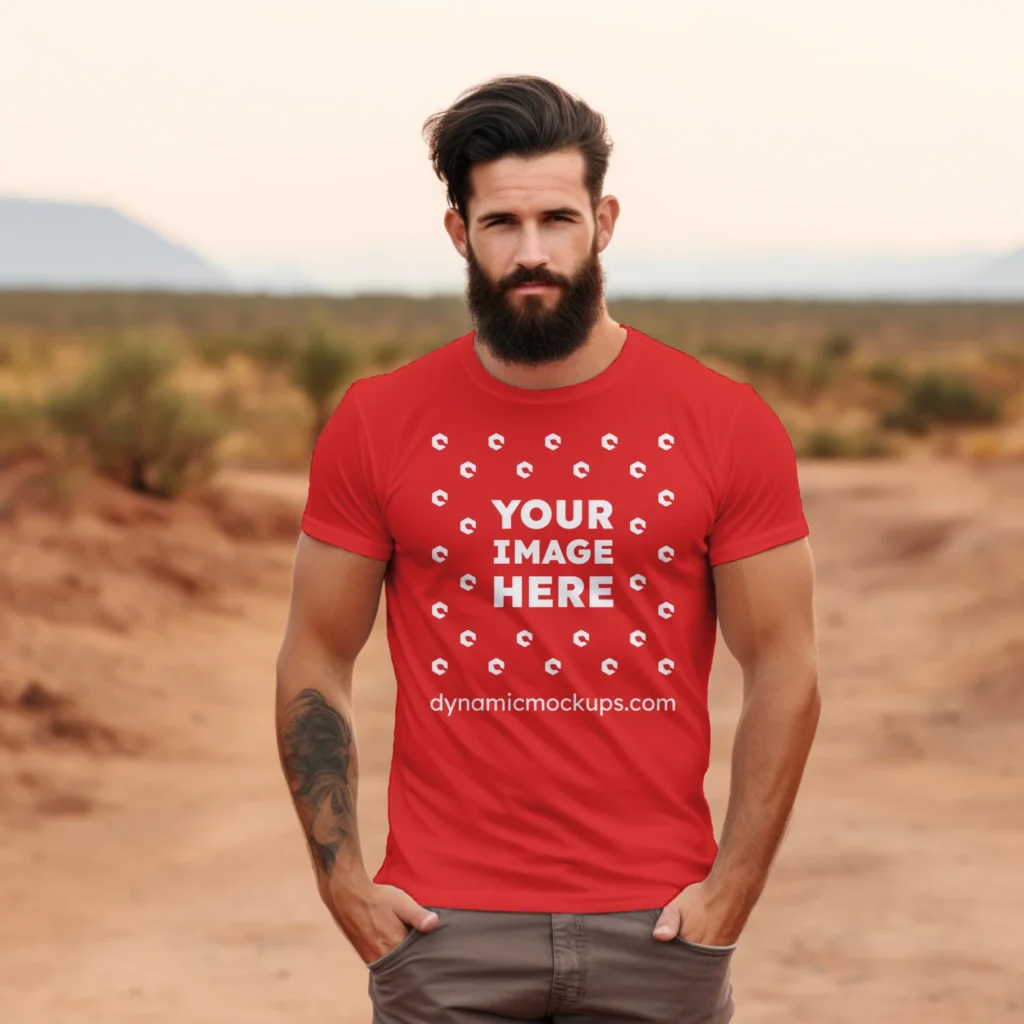 Man Wearing Red T-shirt Mockup Front View Template