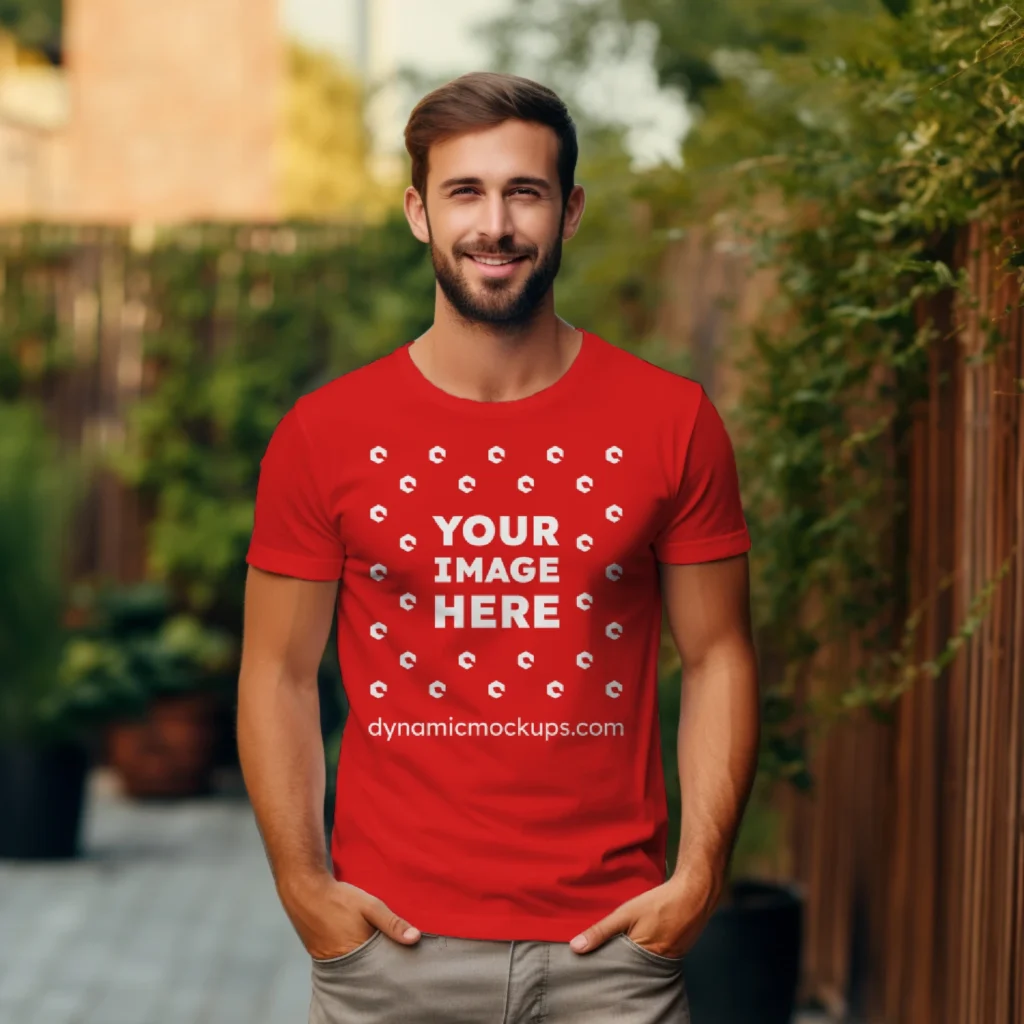 Man Wearing Red T-shirt Mockup Front View Template