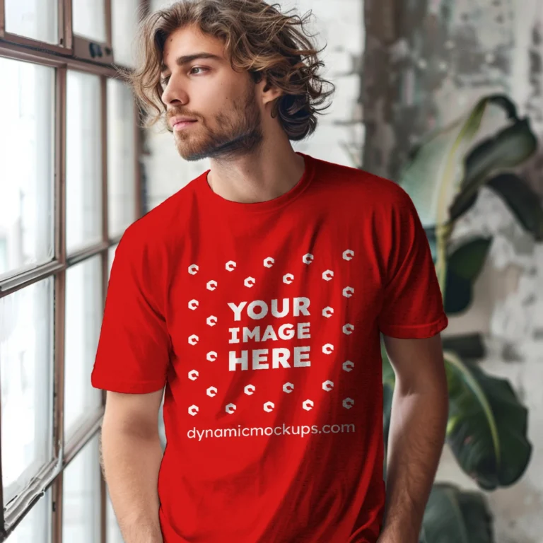 Man Wearing Red T-shirt Mockup Front View Template