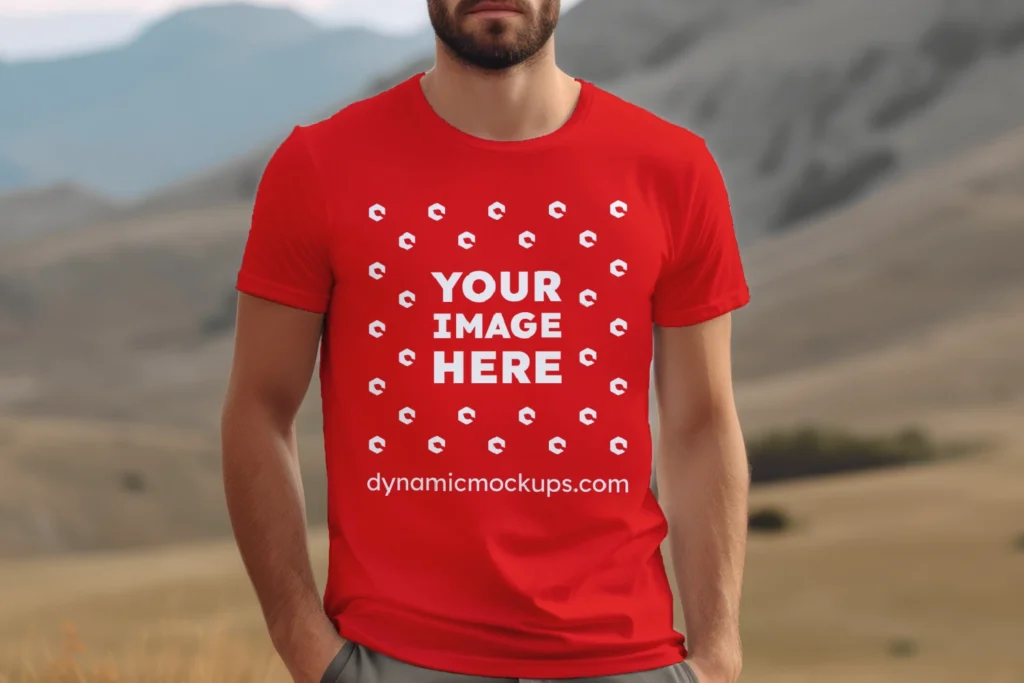 Man Wearing Red T-shirt Mockup Front View Template