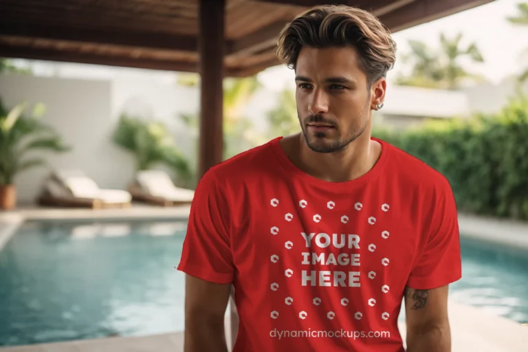 Man Wearing Red T-shirt Mockup Front View Template