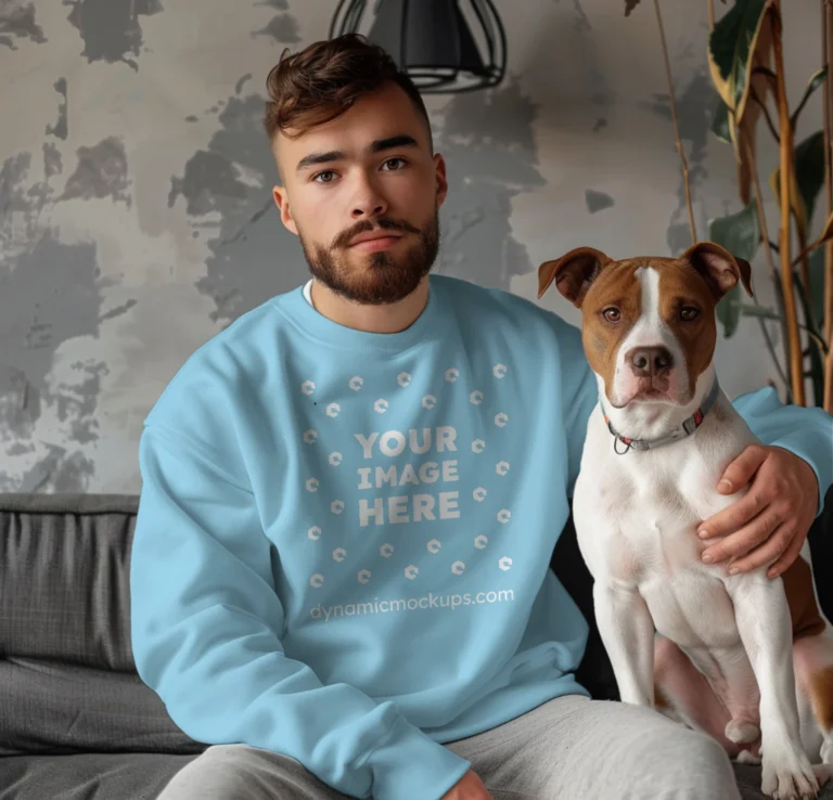 Man Wearing Sky Blue Sweatshirt Mockup Front View Template