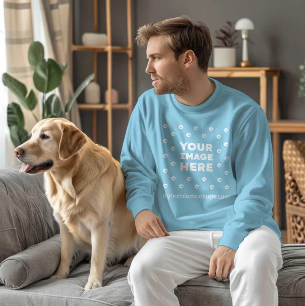 Man Wearing Sky Blue Sweatshirt Mockup Front View Template