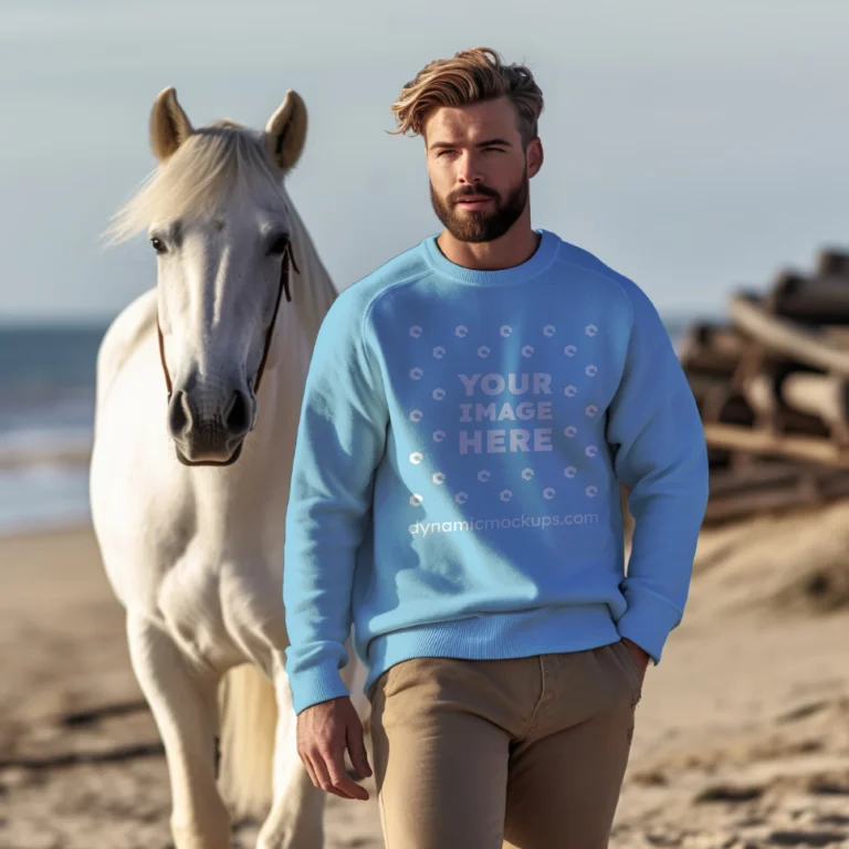 Man Wearing Sky Blue Sweatshirt Mockup Front View Template