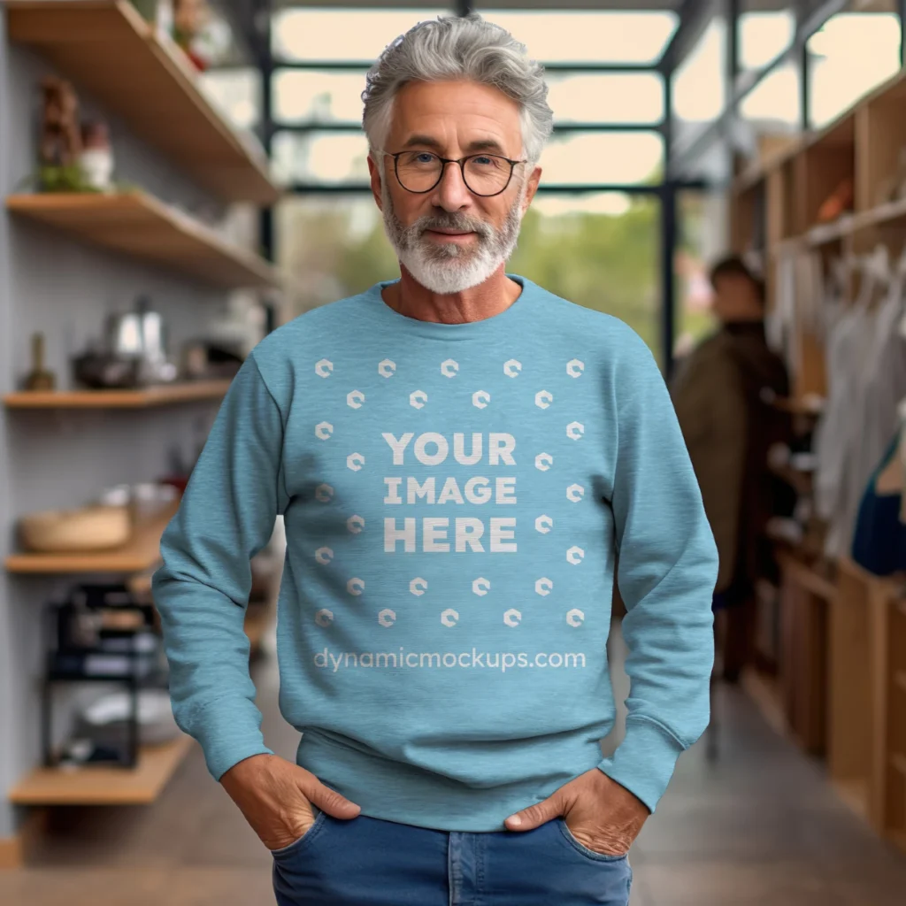 Man Wearing Sky Blue Sweatshirt Mockup Front View Template