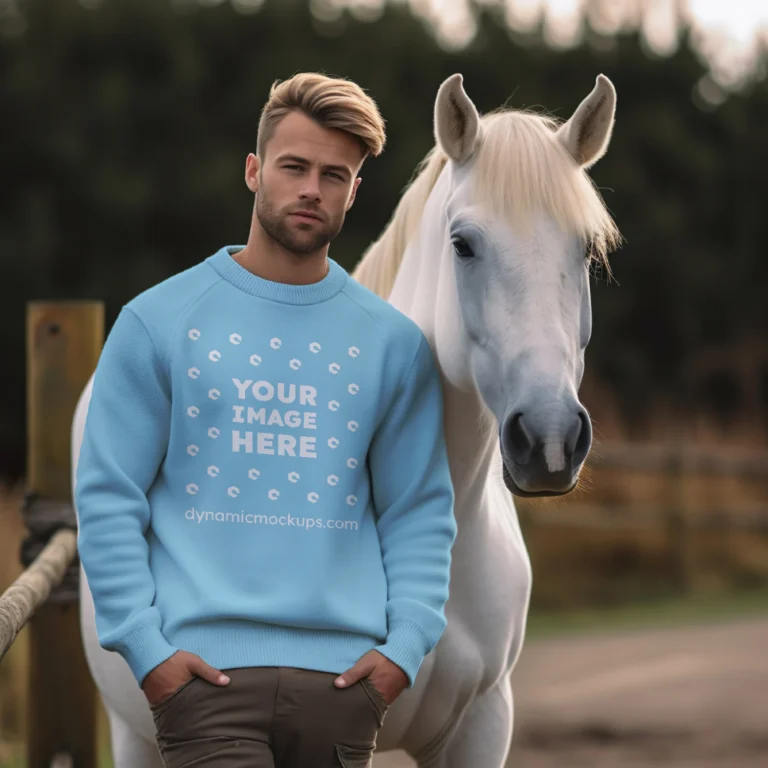 Man Wearing Sky Blue Sweatshirt Mockup Front View Template