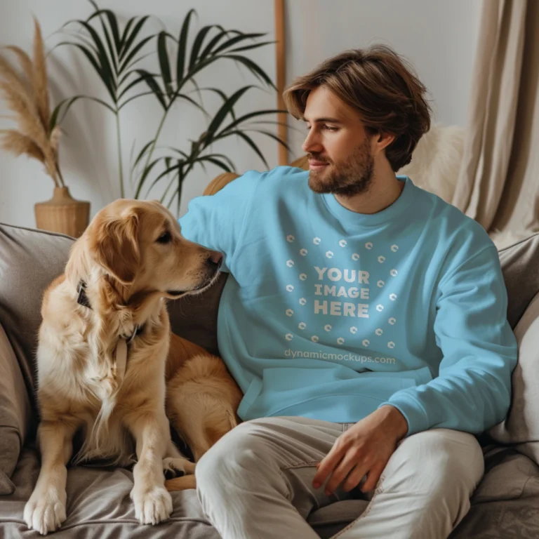 Man Wearing Sky Blue Sweatshirt Mockup Front View Template