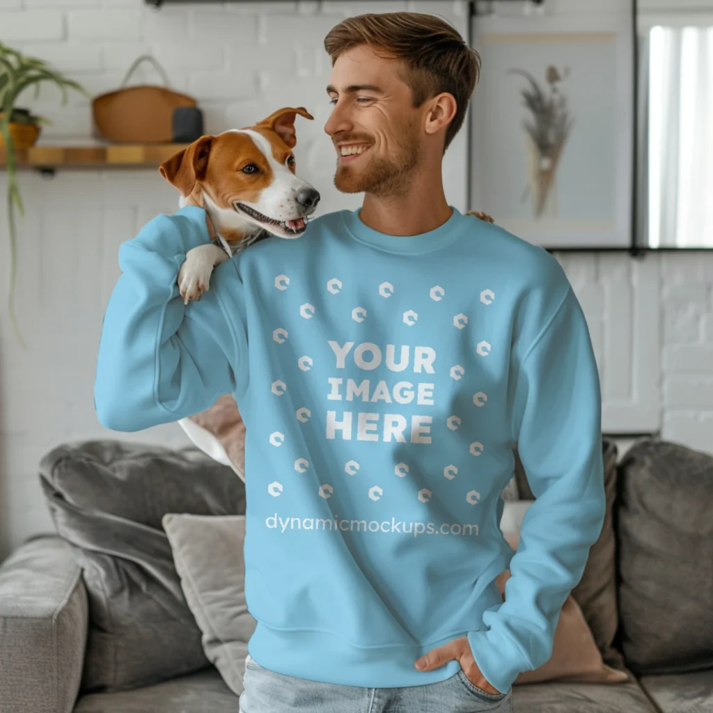 Man Wearing Sky Blue Sweatshirt Mockup Front View Template