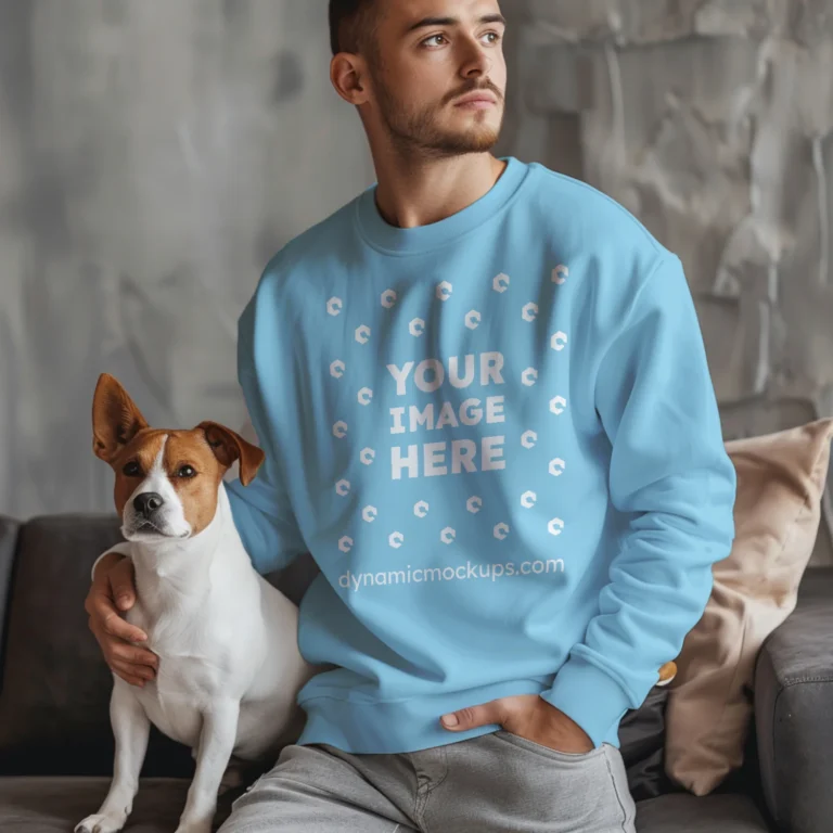 Man Wearing Sky Blue Sweatshirt Mockup Front View Template