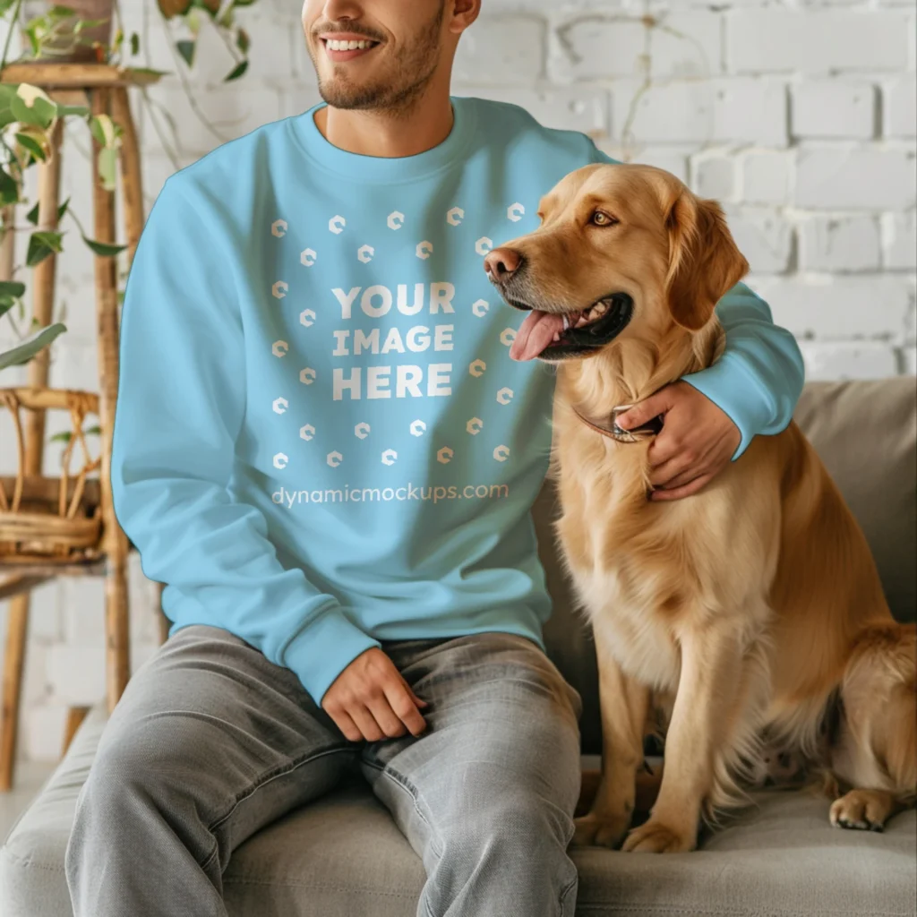 Man Wearing Sky Blue Sweatshirt Mockup Front View Template