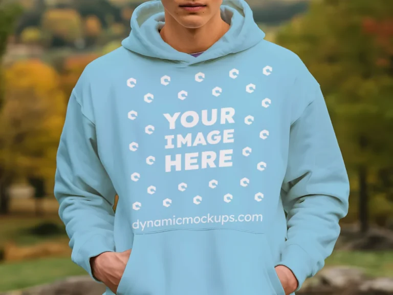 Man Wearing Sky Blue Hoodie Mockup Front View Template