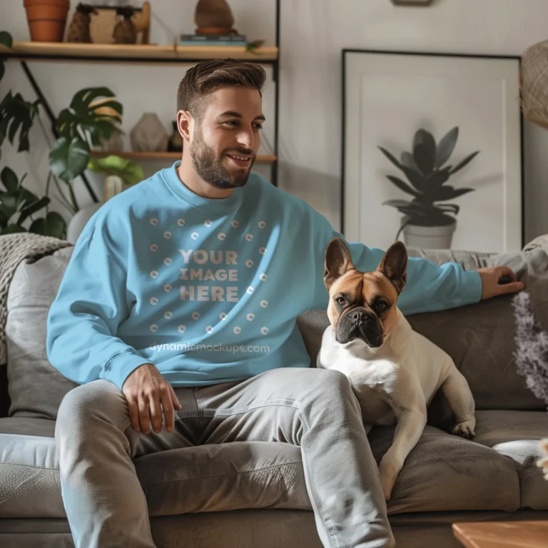 Man Wearing Sky Blue Sweatshirt Mockup Front View Template