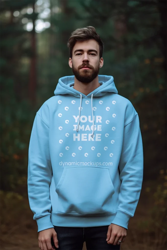 Man Wearing Sky Blue Hoodie Mockup Front View Template