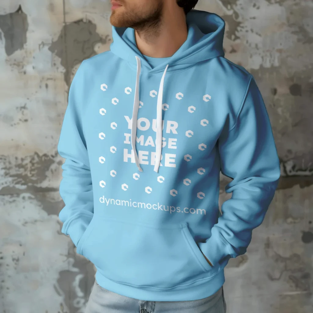 Man Wearing Sky Blue Hoodie Mockup Front View Template