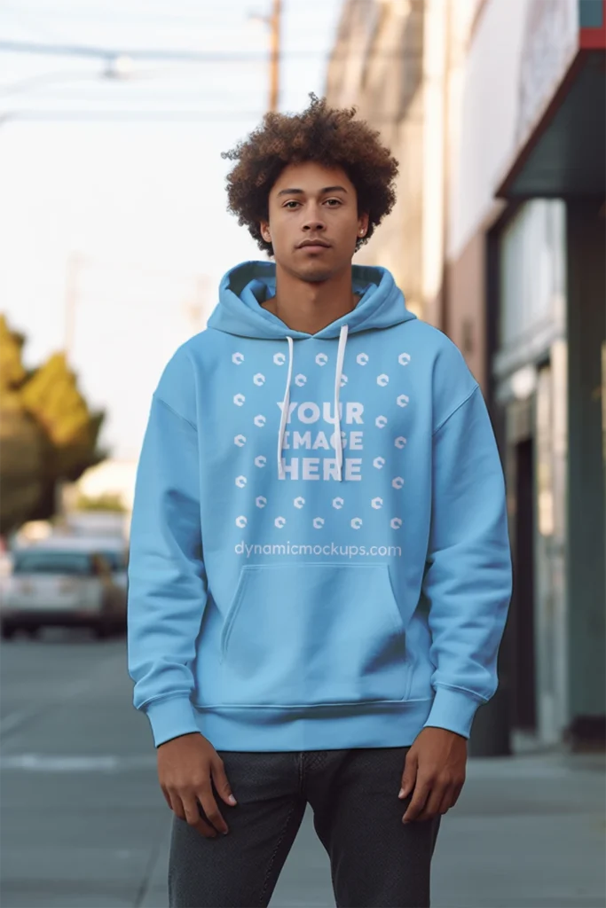 Man Wearing Sky Blue Hoodie Mockup Front View Template