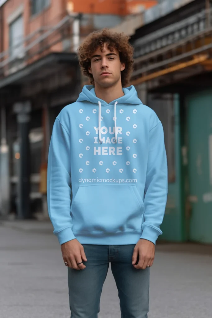 Man Wearing Sky Blue Hoodie Mockup Front View Template