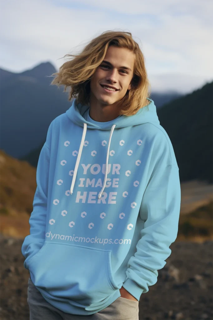 Man Wearing Sky Blue Hoodie Mockup Front View Template