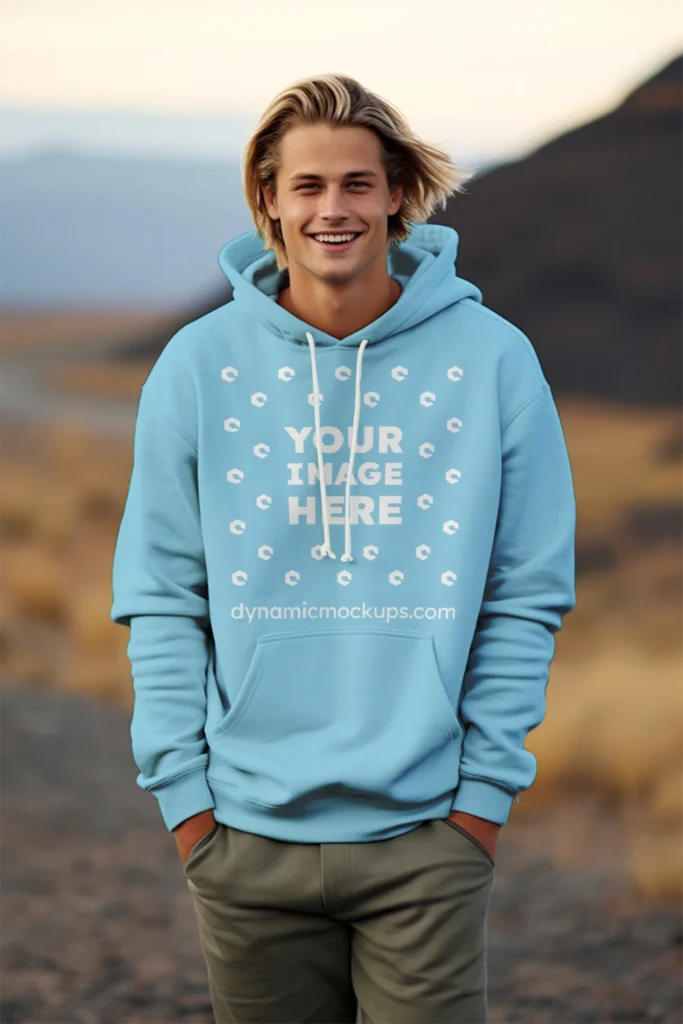 Man Wearing Sky Blue Hoodie Mockup Front View Template