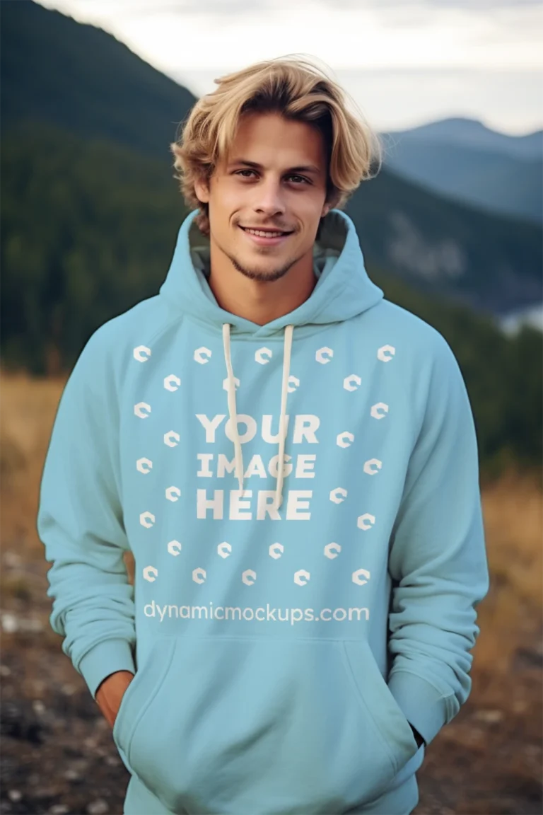 Man Wearing Sky Blue Hoodie Mockup Front View Template