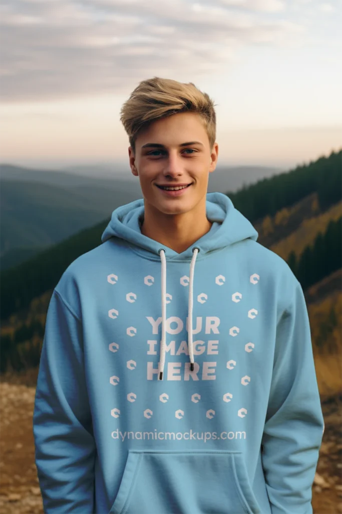 Man Wearing Sky Blue Hoodie Mockup Front View Template