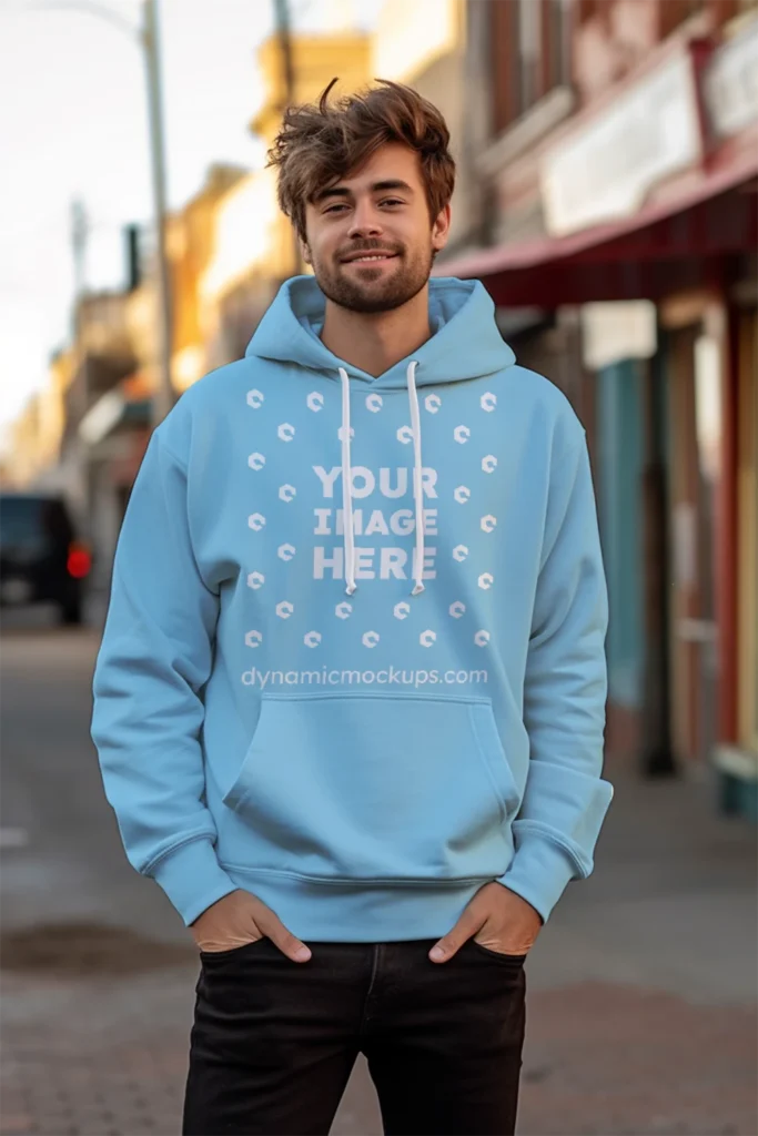 Man Wearing Sky Blue Hoodie Mockup Front View Template