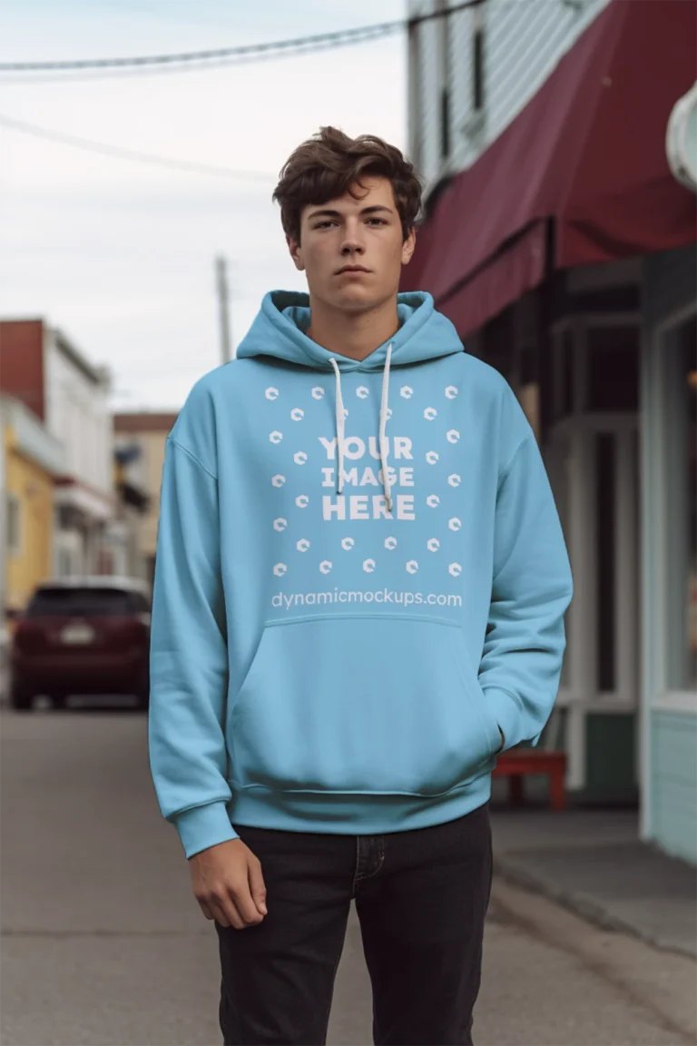 Man Wearing Sky Blue Hoodie Mockup Front View Template