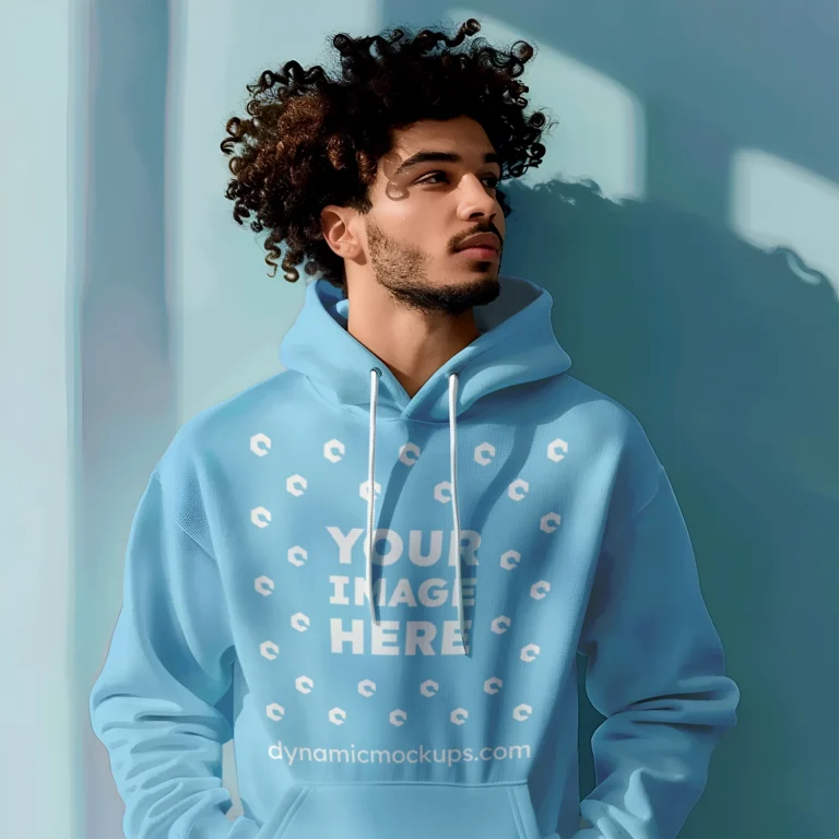 Man Wearing Sky Blue Hoodie Mockup Front View Template