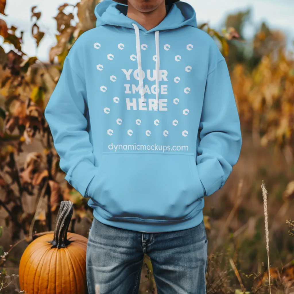 Man Wearing Sky Blue Hoodie Mockup Front View Template