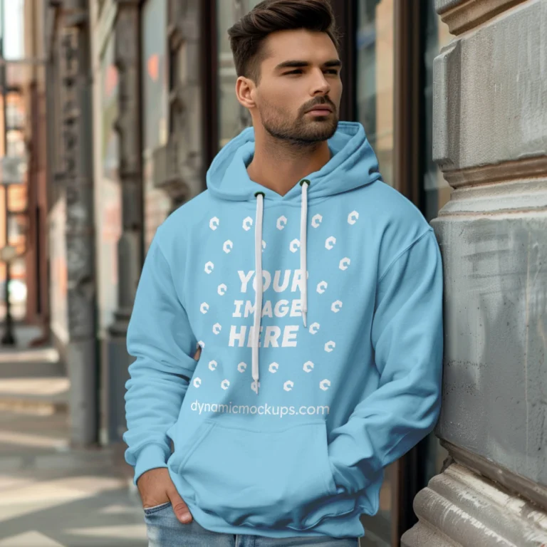 Man Wearing Sky Blue Hoodie Mockup Front View Template