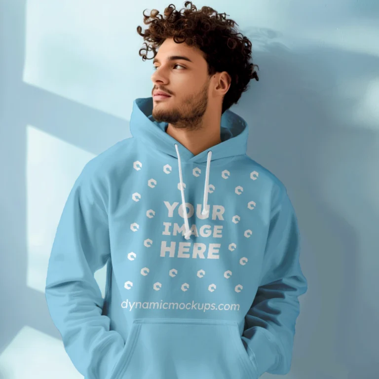 Man Wearing Sky Blue Hoodie Mockup Front View Template