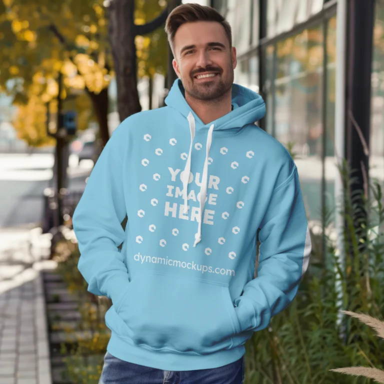 Man Wearing Sky Blue Hoodie Mockup Front View Template