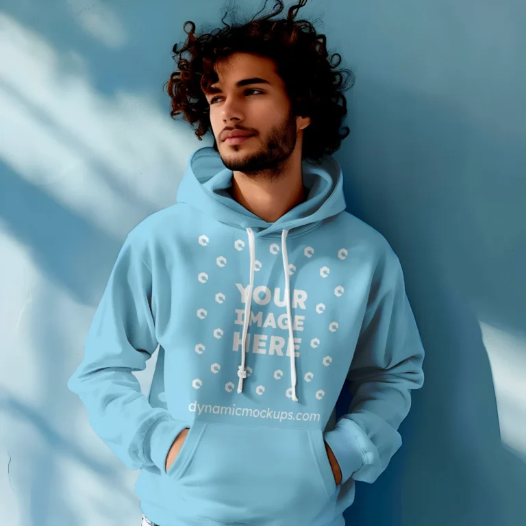 Man Wearing Sky Blue Hoodie Mockup Front View Template