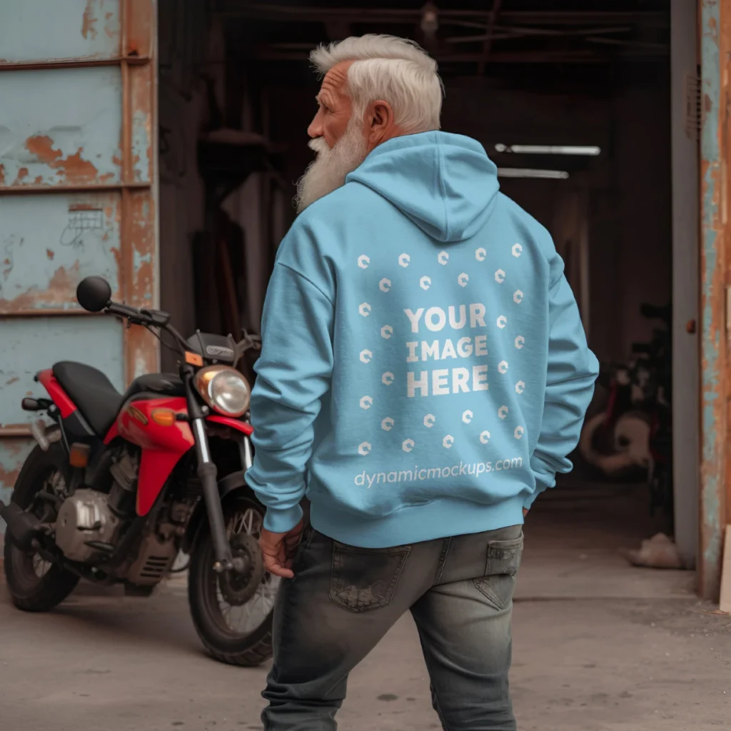 Man Wearing Sky Blue Hoodie Mockup Back View Template