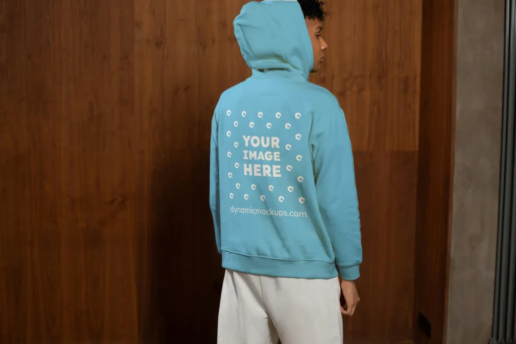 Man Wearing Sky Blue Hoodie Mockup Back View Template