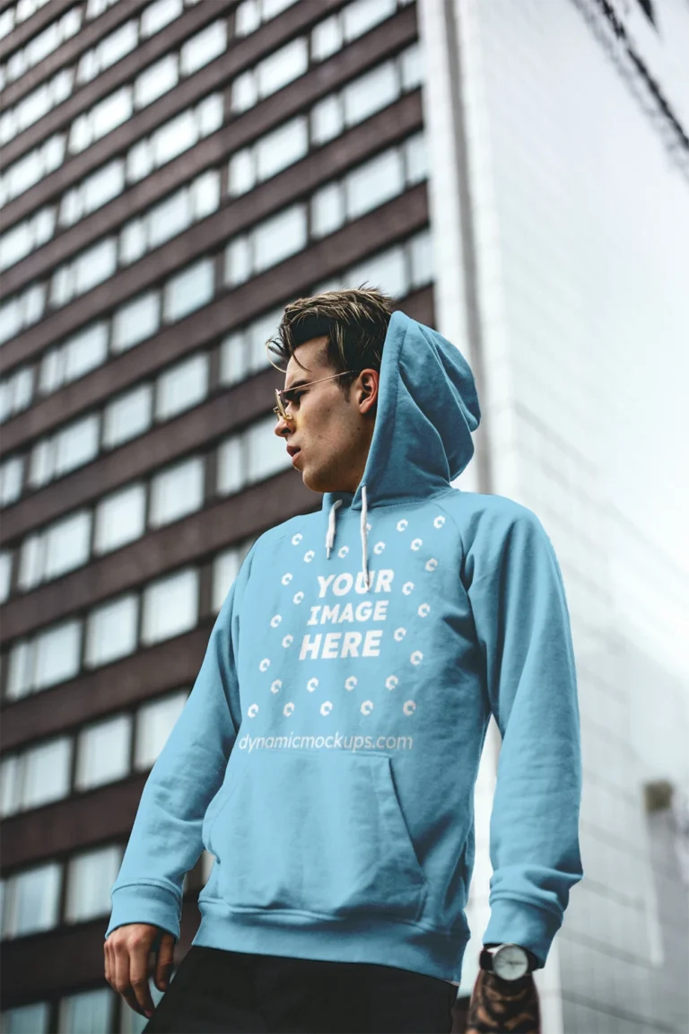 Man Wearing Sky Blue Hoodie Mockup Front View Template