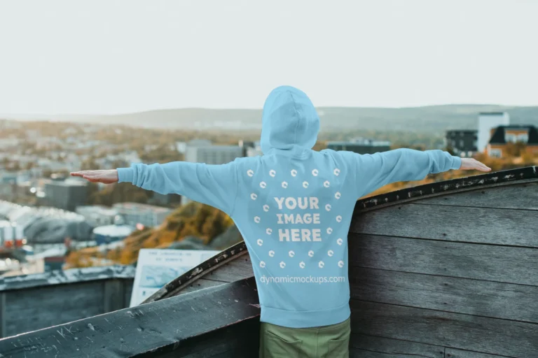 Man Wearing Sky Blue Hoodie Mockup Back View Template