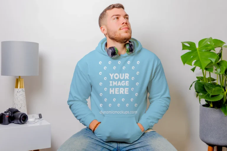 Man Wearing Sky Blue Hoodie Mockup Front View Template