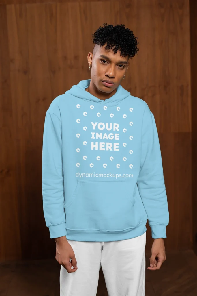 Man Wearing Sky Blue Hoodie Mockup Front View Template