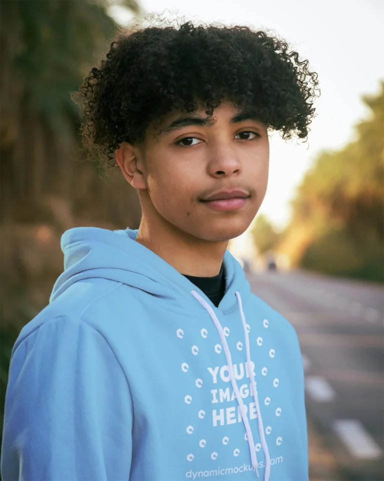 Man Wearing Sky Blue Hoodie Mockup Front View Template