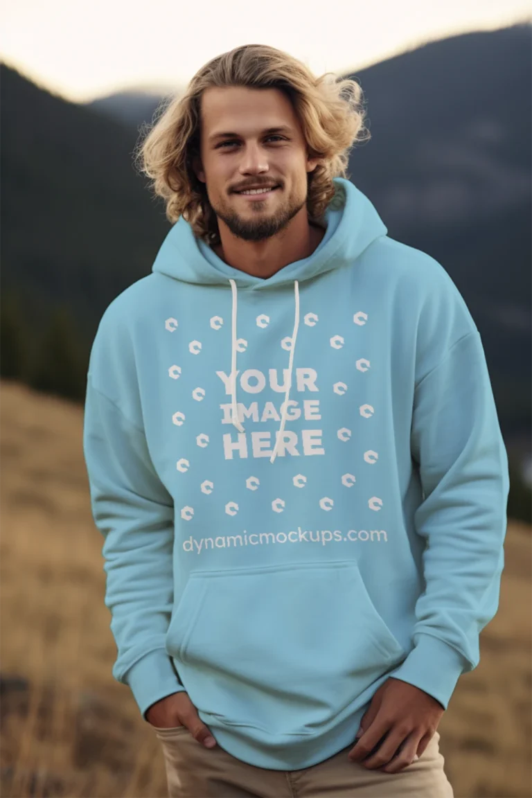 Man Wearing Sky Blue Hoodie Mockup Front View Template