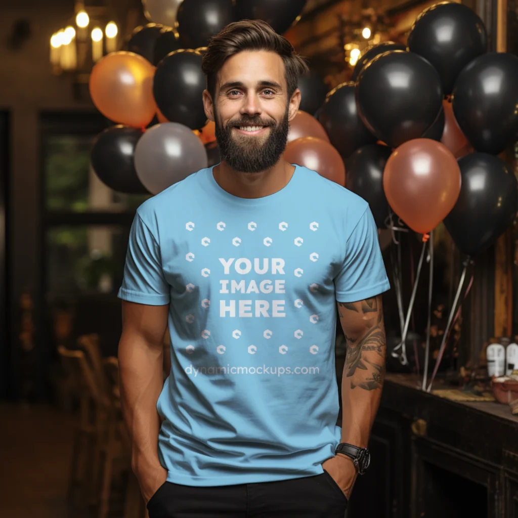 Man Wearing Sky Blue T-shirt Mockup Front View Template