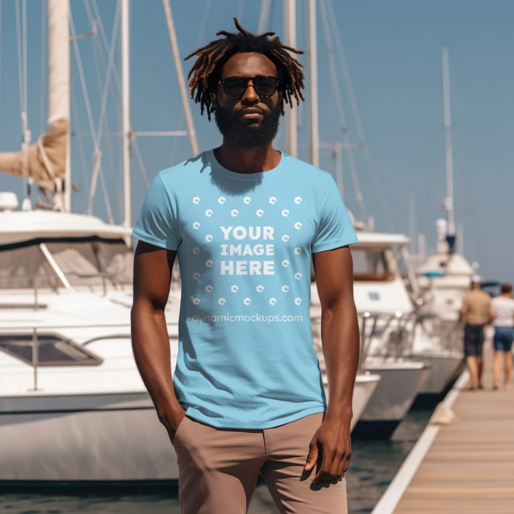 Man Wearing Sky Blue T-shirt Mockup Front View Template